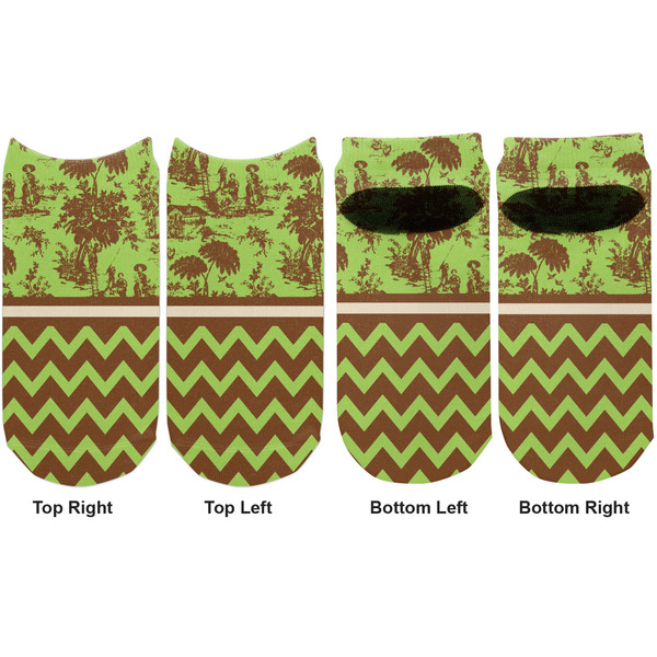 Green & Brown Toile & Chevron Adult Ankle Socks - Double Pair - Front and Back - Apvl