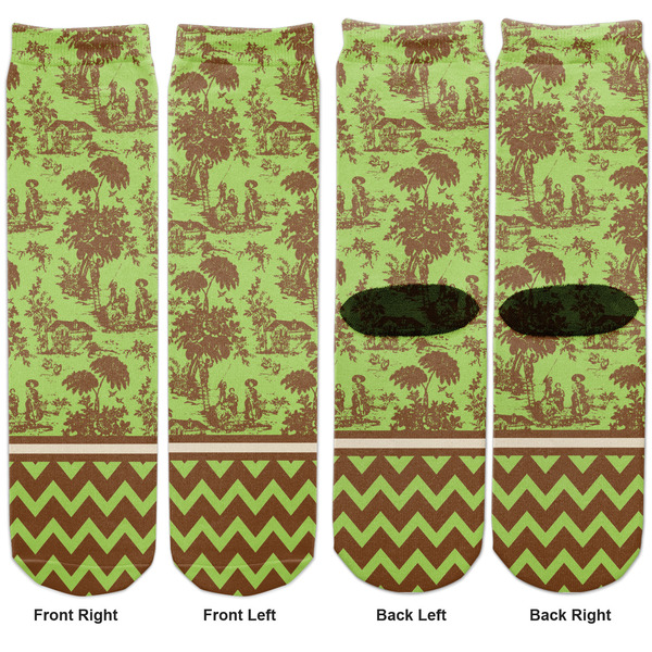 Green & Brown Toile & Chevron Adult Crew Socks - Double Pair - Front and Back - Apvl