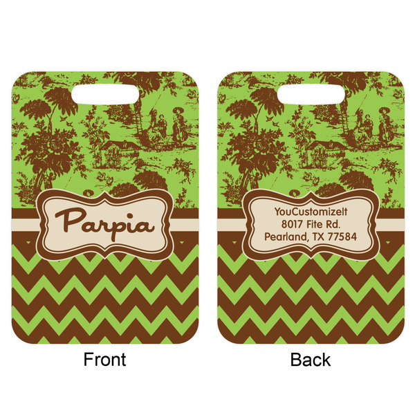 Green & Brown Toile & Chevron Aluminum Luggage Tag (Front + Back)