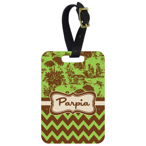 Custom Green & Brown Toile & Chevron Metal Luggage Tag w/ Name or Text