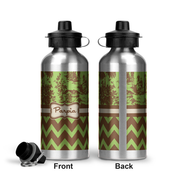Green & Brown Toile & Chevron Aluminum Water Bottle - Front and Back