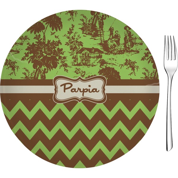 Custom Green & Brown Toile & Chevron 8" Glass Appetizer / Dessert Plates - Single or Set (Personalized)