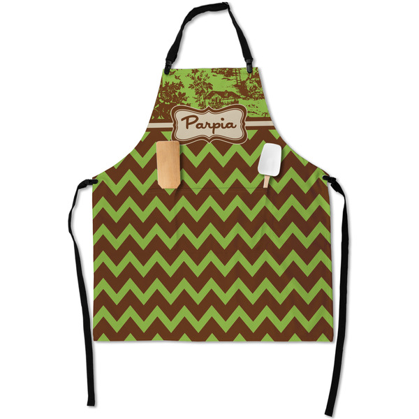 Custom Green & Brown Toile & Chevron Apron With Pockets w/ Name or Text