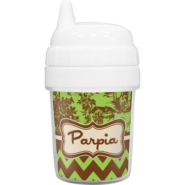 Custom Green & Brown Toile & Chevron Baby Sippy Cup (Personalized)
