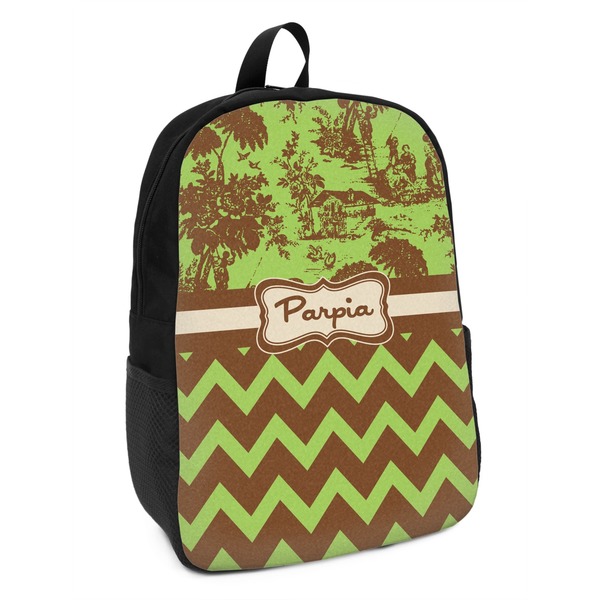 Custom Green & Brown Toile & Chevron Kids Backpack (Personalized)