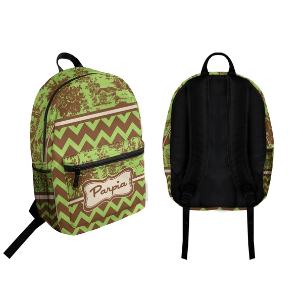 Green & Brown Toile & Chevron Backpack front and back - Apvl