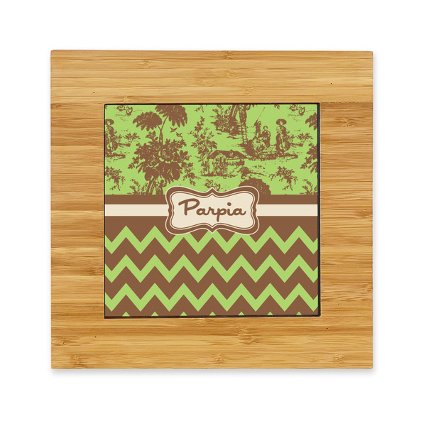 Custom Green & Brown Toile & Chevron Bamboo Trivet with Ceramic Tile Insert (Personalized)