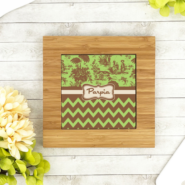 Green & Brown Toile & Chevron Bamboo Trivet with 6" Tile - LIFESTYLE