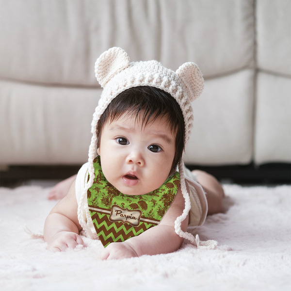 Green & Brown Toile & Chevron Bandana Bib - (Lifestyle 2 girl)