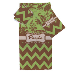 Green & Brown Toile & Chevron Bath Towel Set - 3 Pcs (Personalized)