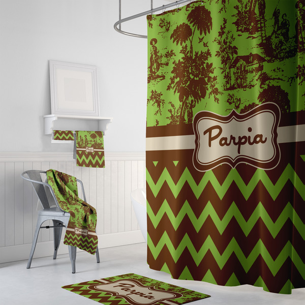 Green & Brown Toile & Chevron Bath Towel Sets - 3-piece - In Context