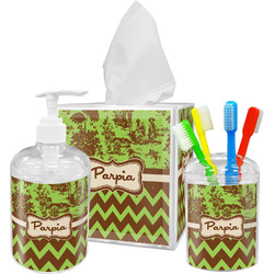Green & Brown Toile & Chevron Acrylic Bathroom Accessories Set w/ Name or Text