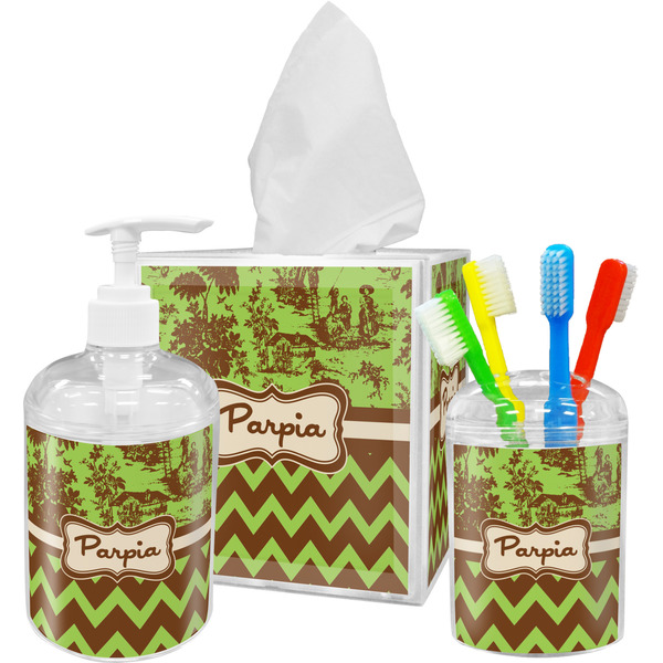 Green & Brown Toile & Chevron Bathroom Accessories Set (Personalized)