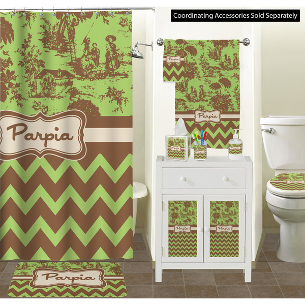 Green & Brown Toile & Chevron Bathroom Scene