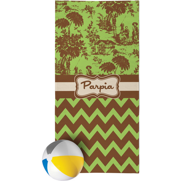 Custom Green & Brown Toile & Chevron Beach Towel (Personalized)