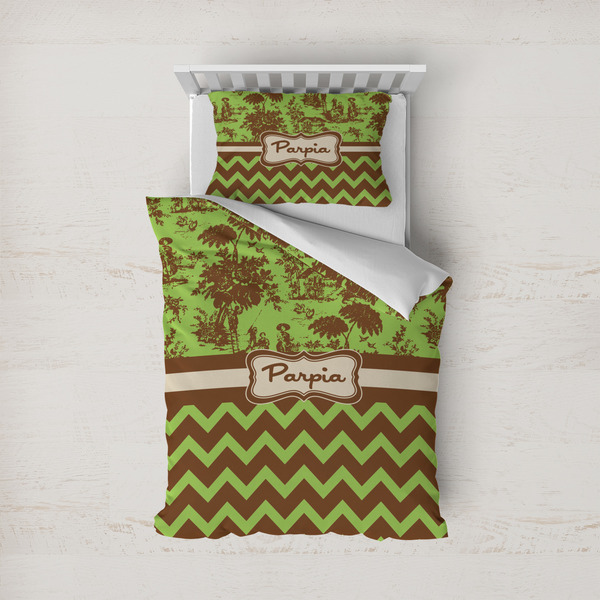 Custom Green & Brown Toile & Chevron Duvet Cover Set - Twin (Personalized)