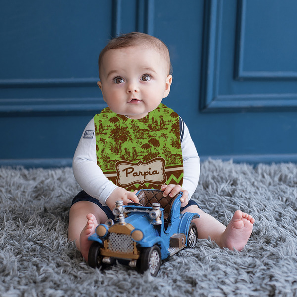 Green & Brown Toile & Chevron Bib Lifestyle Boy