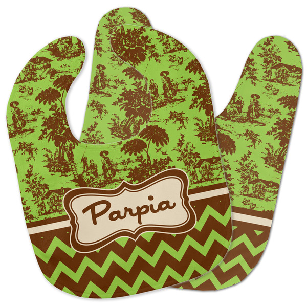 Custom Green & Brown Toile & Chevron Baby Bib w/ Name or Text
