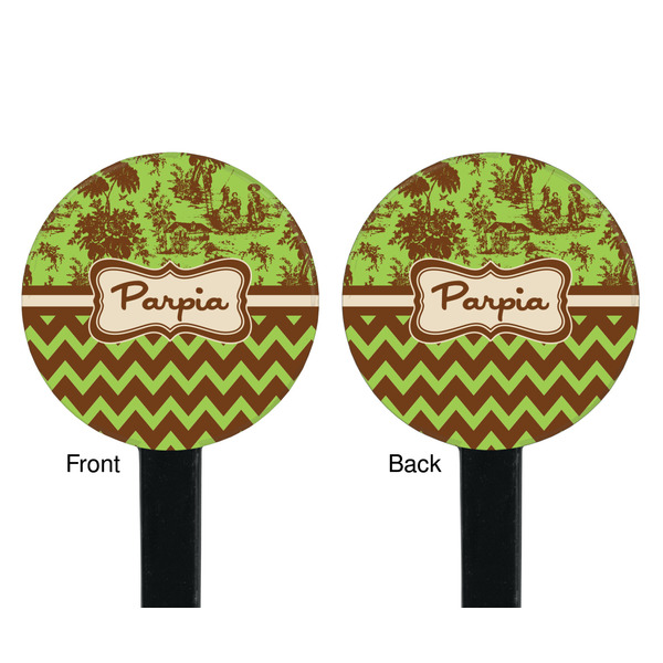 Green & Brown Toile & Chevron Black Plastic 7" Stir Stick - Double Sided - Round - Front & Back