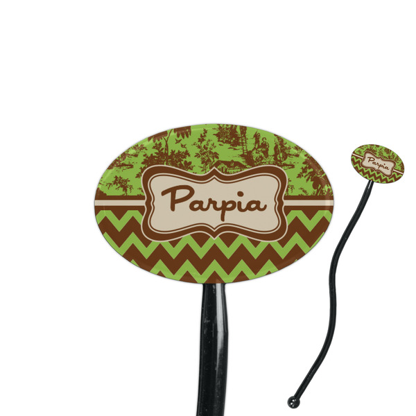 Custom Green & Brown Toile & Chevron 7" Oval Plastic Stir Sticks - Black - Double Sided (Personalized)