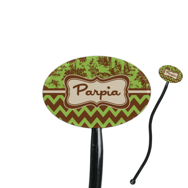 Custom Green & Brown Toile & Chevron 7" Oval Plastic Stir Sticks - Black - Single Sided (Personalized)