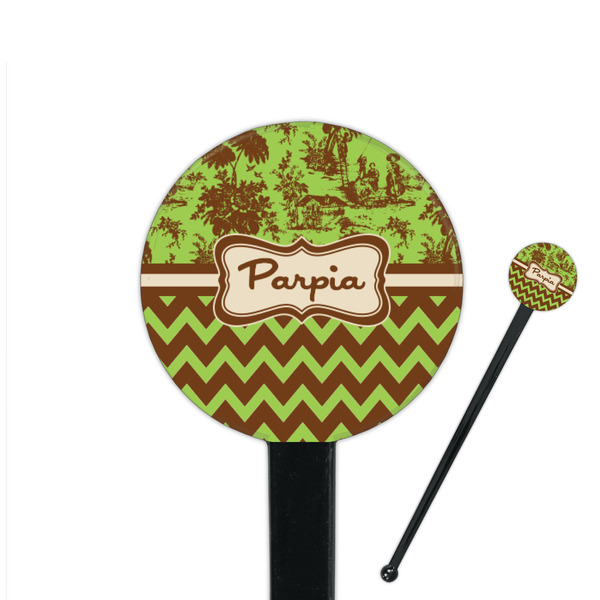 Custom Green & Brown Toile & Chevron 7" Round Plastic Stir Sticks - Black - Single Sided (Personalized)