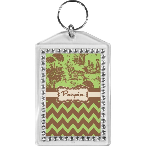 Custom Green & Brown Toile & Chevron Bling Keychain (Personalized)