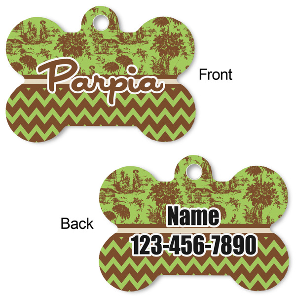 Green & Brown Toile & Chevron Bone Shaped Dog ID Tag - Large - Approval