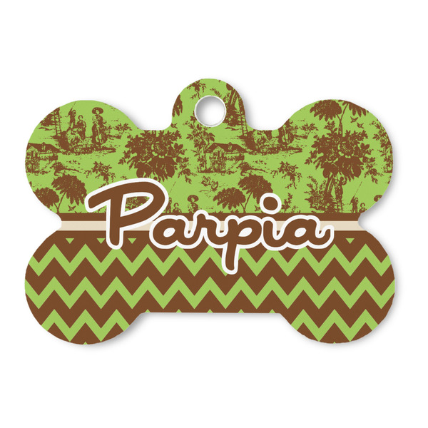 Custom Green & Brown Toile & Chevron Bone Shaped Dog ID Tag (Personalized)
