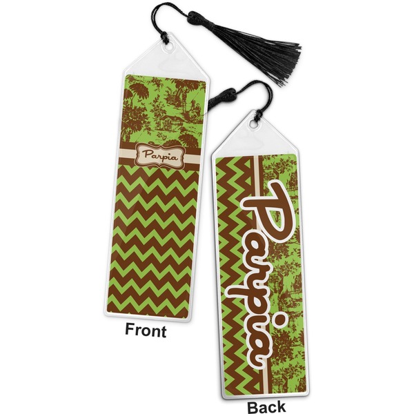 Green & Brown Toile & Chevron Bookmark with tassel - Front and Back