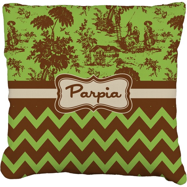 Custom Green & Brown Toile & Chevron Faux-Linen Throw Pillow 18" (Personalized)
