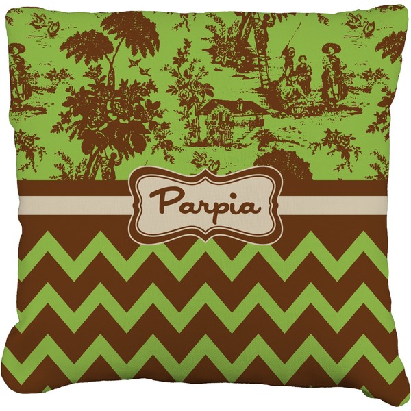 Custom Green & Brown Toile & Chevron Faux-Linen Throw Pillow 20" (Personalized)