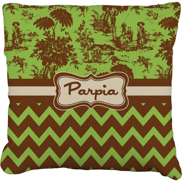Custom Green & Brown Toile & Chevron Faux-Linen Throw Pillow (Personalized)