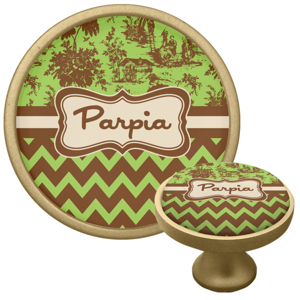 Custom Green & Brown Toile & Chevron Cabinet Knob - Gold (Personalized)