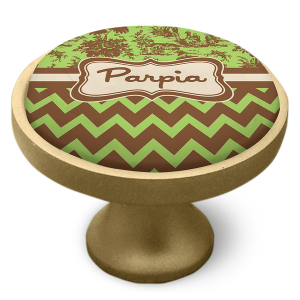 Green & Brown Toile & Chevron Cabinet Knob - Gold - Side