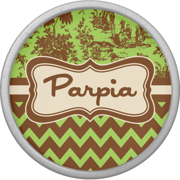 Green & Brown Toile & Chevron Cabinet Knob - Nickel - Front