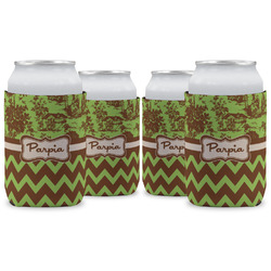 Green & Brown Toile & Chevron Can Cooler (12 oz) - Set of 4 w/ Name or Text