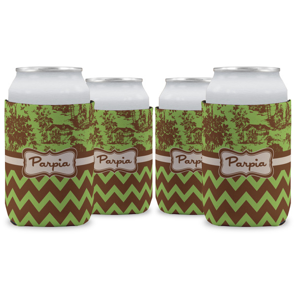 Custom Green & Brown Toile & Chevron Can Cooler (12 oz) - Set of 4 w/ Name or Text