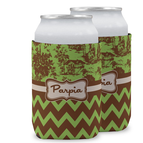 Custom Green & Brown Toile & Chevron Can Cooler (12 oz) w/ Name or Text