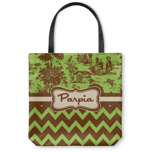 Custom Green & Brown Toile & Chevron Canvas Tote Bag - Large - 18"x18" (Personalized)