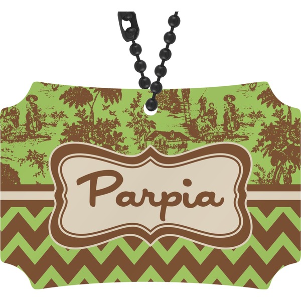 Custom Green & Brown Toile & Chevron Rear View Mirror Ornament (Personalized)