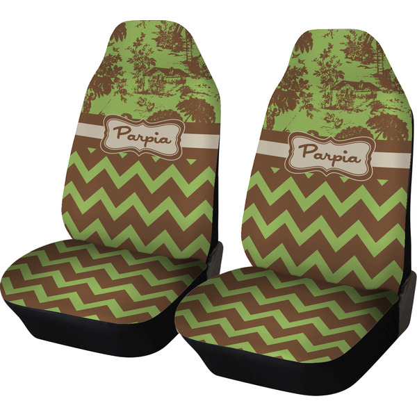 Custom Green & Brown Toile & Chevron Car Seat Covers (Set of Two) (Personalized)