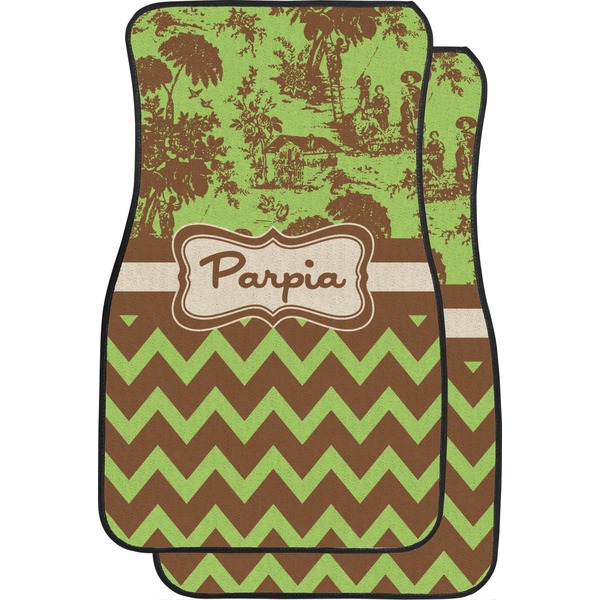 Custom Green & Brown Toile & Chevron Car Floor Mats (Front Seat) (Personalized)