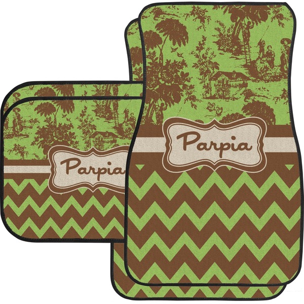 Custom Green & Brown Toile & Chevron Car Floor Mats Set - 2 Front & 2 Back (Personalized)