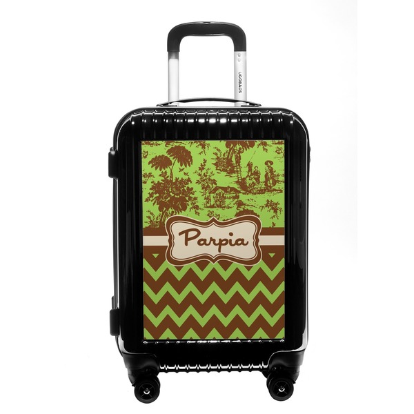 Custom Green & Brown Toile & Chevron Carry On Hard Shell Suitcase (Personalized)