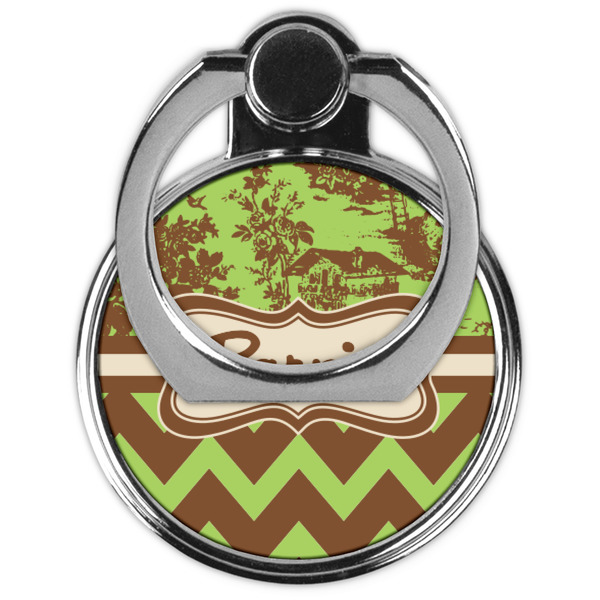 Green & Brown Toile & Chevron Cell Phone Ring Stand & Holder - Front (Collapsed)