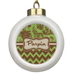 Green & Brown Toile & Chevron Ceramic Ball Ornament (Personalized)