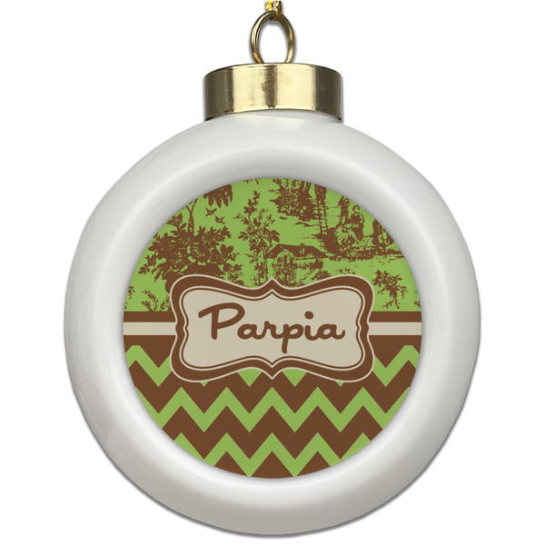 Custom Green & Brown Toile & Chevron Ceramic Ball Ornament (Personalized)