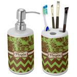 Green & Brown Toile & Chevron Ceramic Bathroom Accessories Set (Personalized)