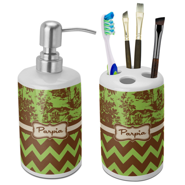 Custom Green & Brown Toile & Chevron Ceramic Bathroom Accessories Set (Personalized)